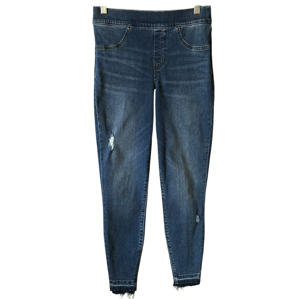 Spanx Ankle Skinny Jeans Medium Wash Distressed Frayed Hem Pull On Womens Medium